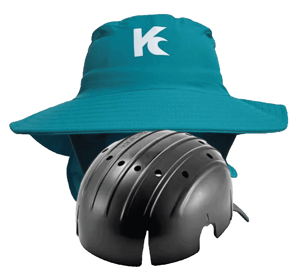 UV surf kitesurf watersports beach round hat with integrated helmet from kitehat -- tyrcoise with sun shadow